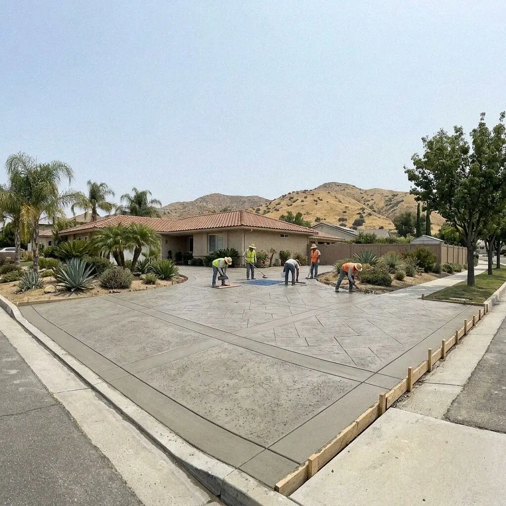 Circle City Corona Concrete crew mid-pour on a residential street in Corona