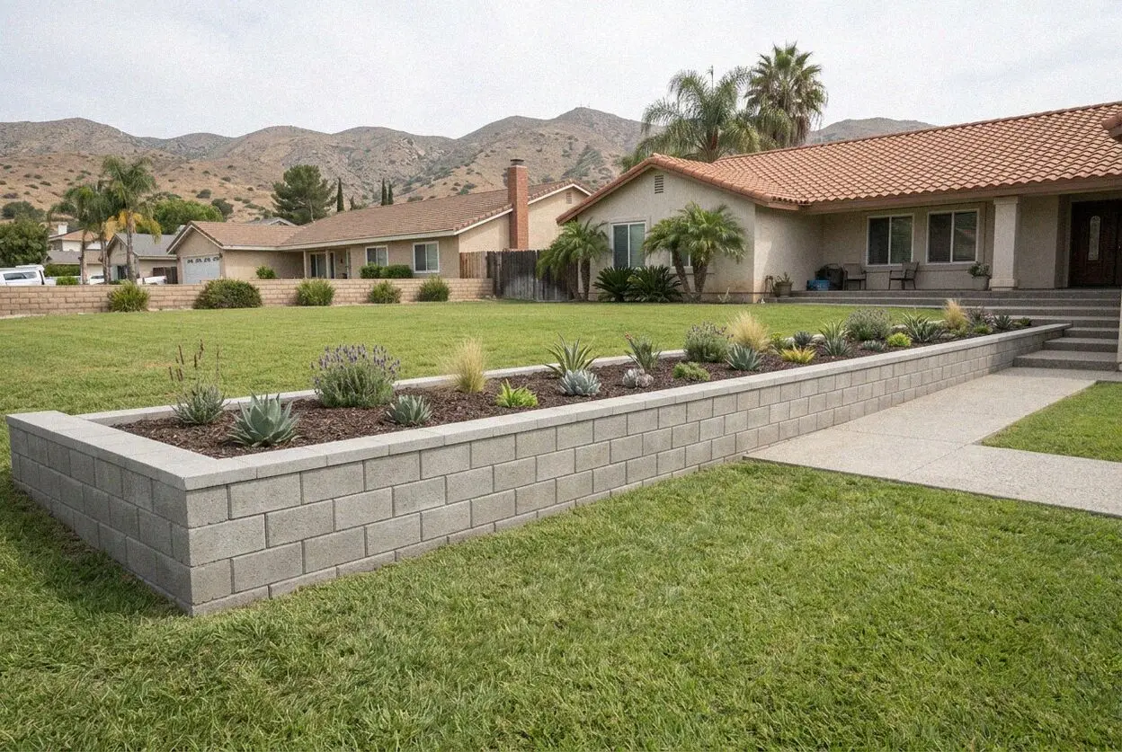 Poured concrete retaining wall holding a cut hillside pad in Corona